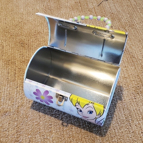 Tinker Bell Tin Barrel Bag Lunch Box Green & Lavender Beaded Handle - Picture 4 of 7